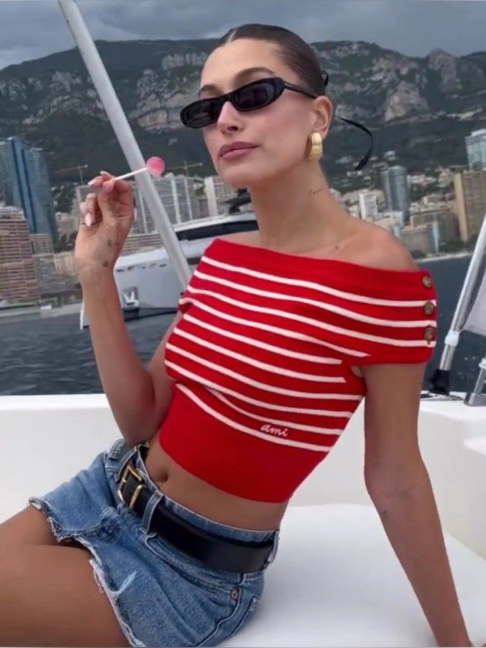 Ami Red Striped Off-Shoulder Knit Top